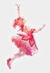 1girl bow full_body gloves grey_background hair_bow highres jumping kaname_madoka kneehighs mahou_shoujo_madoka_magica outstretched_arm pink_hair pink_shoes profile puffy_sleeves red_bow red_eyes shoe_soles shoes short_hair simple_background socks solo wangchuan white_gloves white_socks