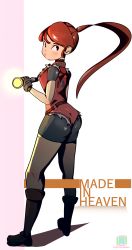 Rule 34 | 1girl, absurdres, ass, boots, breasts, brown hair, capcom, claire redfield, female focus, flashlight, full body, highres, legs, looking to the side, ponytail, resident evil, resident evil 2, shorts, sidelocks, solo, standing, thighs
