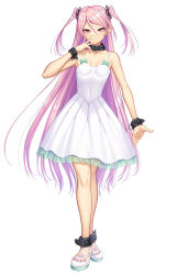 1girl :&gt; bare_legs bare_shoulders breasts demon_girl dress felicia_(taimanin_kurenai) female_focus full_body highres legs_together lilith-soft long_hair looking_at_viewer pink_hair pointy_ears red_eyes shiny_skin small_breasts smile solo taimanin_(series) taimanin_kurenai taimanin_rpgx twintails very_long_hair white_dress wide_hips zol