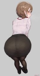 1girl ass blush bra brown_eyes brown_hair from_behind full_body grey_background highres idolmaster idolmaster_cinderella_girls long_hair looking_at_viewer looking_back low-braided_long_hair low-tied_long_hair pantyhose pencil_skirt senkawa_chihiro shirt simple_background skirt solo sooon underwear wet wet_clothes wet_shirt white_shirt