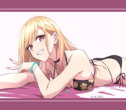 Rule 34 | 1girl, bikini, blonde hair, breasts, cleavage, commentary request, ear piercing, earrings, floral print, floral print bikini, grin, halterneck, highres, jewelry, kitagawa marin, long hair, looking at viewer, lying, medium breasts, nail polish, nii manabu, on stomach, piercing, red eyes, ring, side-tie bikini bottom, smile, solo, sono bisque doll wa koi wo suru, string bikini, swimsuit, teeth, v