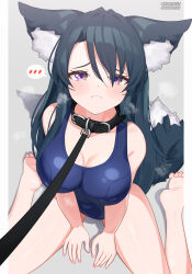 Rule 34 | 1girl, absurdres, animal ear fluff, animal ears, black hair, breasts, collar, collarbone, highres, large breasts, leash, long hair, looking at viewer, maguro27, original, purple eyes, school swimsuit, sitting, solo, spoken blush, swimsuit, tail, variant set, viewer holding leash, wariza
