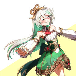 1girl alternate_hair_length alternate_hairstyle cecilia_immergreen colored_inner_hair ddolbang doll_joints green_hair highres hololive hololive_english joints long_hair multicolored_background multicolored_hair solo virtual_youtuber white_hair