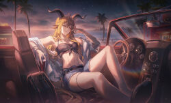 Rule 34 | 1girl, animal ears, arknights, black bra, blonde hair, bra, car, closed mouth, crossed bangs, degenbrecher (arknights), denim, denim shorts, goat ears, goat girl, goat horns, hair between eyes, helen zzhao, highres, horns, long hair, looking to the side, motor vehicle, navel, ocean, orange eyes, shirt, shorts, sidelocks, solo, stomach, underwear, white shirt