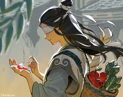 1boy apple backpack_basket black_hair blurry blurry_background candy chinese_clothes chinese_hairpin covered_eyes daikon food fruit hair_bun highres hikari_toriumi holding holding_candy holding_food light_smile long_hair male_focus modao_zushi radish single_hair_bun solo weapon_bag white_blindfold xiao_xingchen