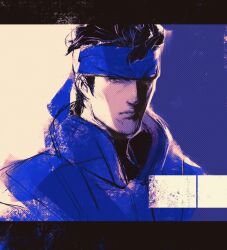 Rule 34 | 1boy, bandana, black hair, blue headband, blue theme, commentary, english commentary, halftone, headband, highres, kannoaki, letterboxed, looking at viewer, male focus, metal gear (series), metal gear solid, short hair, sketch, solid snake, solo, upper body
