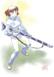 1girl artist_logo blue_gloves blue_shirt brown_hair full_body gloves highres holding holding_weapon hood hood_down hooded_shirt kaze_no_tani_no_nausicaa logo looking_at_viewer nausicaa niina_akihiko shirt short_hair solo weapon