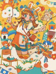 +_+ 1girl animal_ears bag bandaid bandaid_on_arm bear bike_shorts bike_shorts_under_shorts bird blue_hat blue_ribbon blunt_bangs blush_stickers braid brown_hair castle chair closed_mouth cloud commentary ear_piercing elbow_pads food full_body green_eyes grid_background hair_ornament hairclip hat highres holding_jump_rope itousa knee_pads long_hair looking_at_viewer multicolored_shoes neck_ribbon onigiri original parallel_hairclips piercing rabbit rabbit_ears red_shorts ribbon shirt short_sleeves shorts shoulder_bag signature single_braid smile socks solo striped_clothes striped_socks sun symbol-only_commentary two-tone_background white_background white_shirt white_socks wristband yellow_background