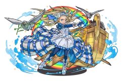 1girl animal bird blonde_hair blue_eyes blue_pantyhose boat boots branch cow dress elephant female_focus flower frilled_dress frills hair_flower hair_ornament hairband horse jpeg_artifacts lace-up_sleeves long_hair long_sleeves noah&#039;s_ark noah_(p&amp;d) official_art pantyhose puffy_long_sleeves puffy_sleeves puzzle_&amp;_dragons rainbow rhinoceros ribbon rose solo water watercraft white_boots white_dress white_flower white_rose