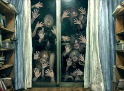 6+girls :d against_glass black_hair black_panties blonde_hair book bookshelf clothing_cutout curtains fate/grand_order fate_(series) garter_straps glass_door hair_over_eyes hand_on_glass horror_(theme) jack_the_ripper_(fate/apocrypha) kneeling leaf long_hair mash_kyrielight mash_kyrielight_(demi-servant) multiple_girls navel_cutout night open_mouth panties railing scathach_(fate) scathach_skadi_(fate) sleeveless sliding_doors smile standing t0da thighhighs underwear wooden_floor