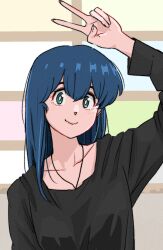bad_tag black_shirt blue_eyes blue_hair gradient_background highres long_hair long_sleeves loose_clothes loose_shirt maison_ikkoku otonashi_kyouko poppowerhearts shirt smile solo v