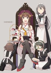 4girls anchor_symbol apron black_footwear black_hair black_legwear black_skirt blush boots braid braided_bun brown_hair cake candy chair chocolate_cake commentary crossed_legs cup cupcake dessert detached_sleeves double_bun closed_eyes food glasses grey_background grey_hair hair_bun hair_ornament hairband hairclip hakama hakama_short_skirt hakama_skirt haruna_(kancolle) hiei_(kancolle) holding jam japanese_clothes kantai_collection kimono kirishima_(kancolle) kongou_(kancolle) long_hair maid maid_apron maid_headdress medium_hair multiple_girls nao_(nao_eg) nontraditional_miko offering open_mouth plate pudding purple_eyes sandwich short_hair simple_background sitting skirt smile sponge_cake tea teacup teapot thighhighs white_kimono