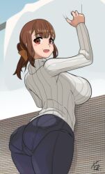 1girl arms_up ass black_pants blue_lock blush breasts brown_eyes brown_hair collared_sweater hanging isagi_iyo kinmugieiou large_breasts long_hair long_sleeves looking_at_viewer looking_back open_mouth pants ponytail solo sweater white_blanket white_sweater