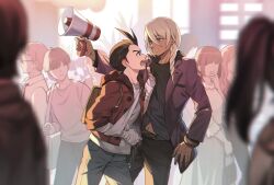 2boys ace_attorney apollo_justice apollo_justice:_ace_attorney bandaged_arm bandages black_pants black_shirt blonde_hair blue_eyes bracelet brown_bag brown_eyes brown_hair chain_belt clothes_grab commission earrings eye_contact forked_eyebrows furrowed_brow gold_bracelet highres holding holding_megaphone jacket jewelry klavier_gavin looking_at_another male_focus medium_hair megaphone multiple_boys open_clothes open_jacket pants people purple_jacket red_jacket ring second-party_source senki_xl shirt short_hair white_shirt