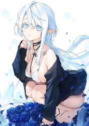 1girl barefoot bikini bikini_under_clothes black_jacket blue_eyes blue_flower blue_rose breasts cleavage collarbone commentary_request elf flower full_body grey_nails hair_between_eyes hand_up hu_kotora jacket large_breasts long_hair long_sleeves looking_at_viewer medium_breasts nail_polish off_shoulder open_clothes open_jacket original parted_lips petals pointy_ears rose sleeves_past_wrists solo squatting swimsuit tiptoes very_long_hair white_background white_bikini white_hair
