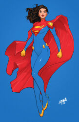 1girl blue_background blue_bodysuit bodysuit breasts brown_eyes brown_hair cape david_nakayama dc_comics full_body gloves highres initial lois_lane long_hair looking_at_viewer medium_breasts red_cape red_lips simple_background slippers solo superhero_costume superman_(series) superwoman yellow_gloves yellow_slippers