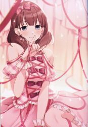 1girl blue_eyes blush bow brown_hair earrings hair_ornament highres idolmaster idolmaster_cinderella_girls jewelry long_hair pink_bow red_ribbon ribbon sakuma_mayu sitting skirt smile tomari_(veryberry00)