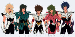 5boys andromeda_shun armband armor bandage_over_one_eye bishounen black_bodysuit black_hair blonde_hair blue_eyes blue_hair bodysuit breastplate brothers brown_hair closed_eyes cowboy_shot cygnus_hyouga dragon_shiryuu frown gauntlets green_hair highres holding_hands long_hair looking_at_viewer male_focus mantles medium_hair multiple_boys pauldrons pegasus_seiya phoenix_ikki pink_armor red_armband saint_seiya serious short_hair shoulder_armor siblings silver_armor spiked_hair v-shaped_eyebrows