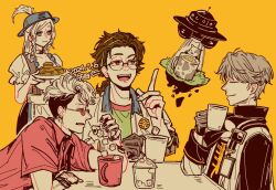 1girl 3boys :d alien_t artist_name black_skirt blue_eyes blue_headwear braided_sidelock brown_eyes brown_hair closed_eyes coat cookie cow cup dated dirndl flat_color flying_saucer food german_clothes glasses grey_hair hair_ornament hairclip hat hat_feather holding holding_cup holding_plate horropedia index_finger_raised jacket ms._moissan multiple_boys open_mouth pavia_(reverse:1999) pink-tinted_eyewear pink_shirt plate porkpie_hat profile puffy_short_sleeves puffy_sleeves reverse:1999 sakita_pani shirt short_hair short_sleeves signature skirt smile spacecraft sugar_cube table tinted_eyewear tractor_beam ufo upper_body white_coat white_hair white_jacket x_(reverse:1999) yellow_background