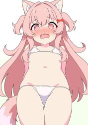 1girl @_@ animal_ears bikini blush dog_ears dog_girl dog_tail embarrassed flat_chest highres long_hair navel original pink_eyes pink_hair simple_background stomach swimsuit tail two_side_up white_background white_bikini yuu-chan_(inugamikenoy) yuu-kun_(inugamikenoy)