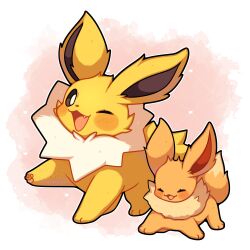 Rule 34 | absurdres, animal focus, blush, closed eyes, eevee, evolutionary line, fang, gen 1 pokemon, highres, jolteon, nintendo, no humans, one eye closed, open mouth, pokemon, pokemon (creature), sevi (seviyummy), signature, smile