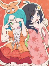 Rule 34 | 2girls, ahoge, araragi tsukihi, black hair, blue hair, closed mouth, cotton 1186, cowboy shot, dress, egg hair ornament, english text, expressionless, flat chest, food-themed hair ornament, green eyes, grey eyes, hair ornament, hands up, highres, japanese clothes, kimono, layered dress, leaf print, long hair, looking at viewer, maple leaf print, medium hair, monogatari (series), multiple girls, obi, one eye covered, ononoki yotsugi, open mouth, orange background, orange dress, orange outline, outline, parted bangs, puffy short sleeves, puffy sleeves, rabbit hair ornament, red kimono, sash, short eyebrows, short sleeves, simple background, standing, twintails, twitter username, watermark, wide sleeves