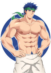 1boy abs absurdres bara blue_eyes blue_hair fire_emblem fire_emblem:_radiant_dawn green_headband hands_on_own_hips headband highres ike_(fire_emblem) kiazu114 large_pectorals male_focus muscular muscular_male navel_hair nintendo nipples pectorals short_hair simple_background solo topless_male twitter_username