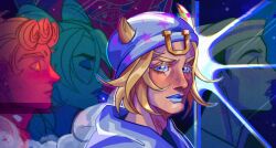 Rule 34 | 1girl, 3boys, arizuume, beanie, blonde hair, blue eyes, blue hoodie, blue lips, closed eyes, commentary, dixie cup hat, double bun, english commentary, giorno giovanna, hair bun, hat, higashikata josuke (jojolion), hood, hood down, hoodie, horseshoe, horseshoe hat ornament, johnny joestar, jojo no kimyou na bouken, jojolion, kuujou jolyne, looking at viewer, makeup, male focus, military hat, multiple boys, portrait, profile, sailor hat, short hair, star (symbol), star print, steel ball run, stone ocean, vento aureo