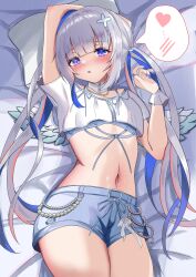 1girl absurdres alternate_costume amane_kanata arm_up blue_hair blue_shorts blush breasts crop_top grey_hair highres hololive long_hair looking_at_viewer multicolored_hair nail_polish navel pink_hair purple_eyes purple_nails shirt shorts small_breasts sohachi solo spoken_blush streaked_hair very_long_hair virtual_youtuber white_shirt
