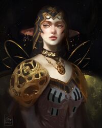 1girl artist_name commentary earrings elf english_commentary highres jewelry mole necklace original painterly parted_lips pointy_ears sebijy solo