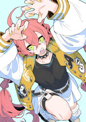 1girl absurdres ahoge aqua_background belt black_shirt braid chain choker claw_pose crossed_bangs dynamic_pose fangs from_above green_eyes hair_between_eyes hand_on_own_face highres jacket long_hair looking_at_viewer loose_socks nail_polish nijisanji open_clothes open_jacket open_mouth orange_hair shirt shishido_akari simple_background skirt socks solo spiked_choker spikes tetsu_booya thick_thighs thigh_strap thighs twin_braids virtual_youtuber white_skirt white_sleeves yellow_jacket yellow_nails