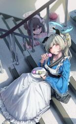 Rule 34 | 2girls, absurdres, amamami prime, animal ears, apron, blue archive, blue kimono, blush, bow, brown hair, closed mouth, dog ears, dog girl, food in mouth, food request, green hair, grin, hair bow, hair ribbon, highres, holding, holding plate, holding skewer, japanese clothes, kimono, looking at viewer, maid, maid apron, maid headdress, multiple girls, orange eyes, pink bow, pink kimono, plate, ponytail, purple eyes, ribbon, shizuko (blue archive), sitting, sitting on stairs, skewer, smile, stairs, two side up, umika (blue archive), white apron, yellow ribbon