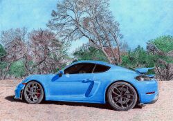 ballpoint_pen_(medium) blue_car car commentary english_commentary from_side highres motor_vehicle no_humans original pavlo_scherbatyuk pen_(medium) porsche porsche_cayman shadow sky spoiler_(automobile) sports_car traditional_media tree vehicle_focus