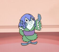 Rule 34 | absurdres, breasts, chromatic aberration, closed mouth, drill hair, drill sidelocks, fins, fish, frilled kimono, frills, full body, green kimono, hand up, head fins, highres, indoors, japanese clothes, kimono, long sleeves, medium breasts, no humans, purple sash, sash, sidelocks, standing, tom and jerry, touhou, wakasagihime, wide sleeves, yuwayuwano0909