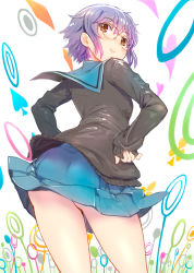 Rule 34 | 1girl, ass, black cardigan, blush, brown eyes, cardigan, clothes lift, club (shape), contrapposto, diamond (shape), from behind, glasses, heart, highres, kita high school uniform, looking back, mikazuki akira!, nagato yuki, nagato yuki-chan no shoushitsu, purple hair, school uniform, serafuku, short hair, skirt, skirt lift, smile, solo, spade (shape), suzumiya haruhi no shoushitsu, suzumiya haruhi no yuuutsu, thighs, wind, wind lift