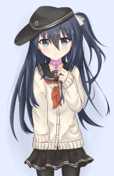 Rule 34 | 1girl, akatsuki (kancolle), alternate hairstyle, anchor symbol, black hair, black hat, black pantyhose, black skirt, blue background, blue eyes, blush, cardigan, closed mouth, collar, collarbone, commentary, cowboy shot, female focus, flat cap, hair between eyes, hair ribbon, hat, heart lock (kantai collection), highres, kantai collection, long sleeves, looking at viewer, moai21, neckerchief, one side up, pantyhose, pink collar, pleated skirt, pocket, red neckerchief, ribbon, school uniform, serafuku, shirt, side ponytail, sideways hat, simple background, skirt, sleeves past wrists, smile, solo, standing, white ribbon, white shirt