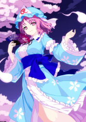 1girl blue_kimono blue_sash breasts center_frills cherry_blossoms closed_mouth commentary dated folding_fan frilled_kimono frilled_sleeves frills hand_fan hat highres hitodama holding holding_fan japanese_clothes kimono long_sleeves looking_at_viewer mist9801km mob_cap petal_print pink_eyes pink_hair print_kimono saigyouji_yuyuko sash sleeve_garter smile solo touhou triangular_headpiece wide_sleeves