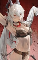 1girl absurdres arm_out_of_sleeve arm_strap arm_up black_bra black_choker black_horns black_panties black_tail bra breasts choker cleavage collarbone commentary cowboy_shot curled_horns demon_tail dressing earrings grey_hair hair_between_eyes highres horns jewelry key_earrings konbunyas long_hair looking_at_viewer loose_necktie medium_breasts multicolored_hair navel necktie open_mouth panties red_eyes red_necktie solo stomach streaked_hair tail underwear wuthering_waves zani_(wuthering_waves)