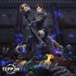 1girl bodysuit brown_hair capcom character_request chest_jewel company_connection crossover destruction fingerless_gloves gem gloves glowing glowing_eyes mega_man_(series) mind_control official_alternate_costume official_art rebecca_chambers red_eyes resident_evil resident_evil_0 shiyuu_(shiyu) short_hair teppen thick_thighs thighhighs thighs walkie-talkie