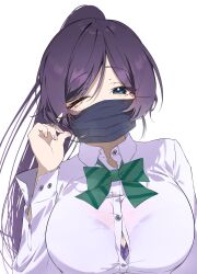 Rule 34 | 1girl, absurdres, alternate hairstyle, aqua eyes, blush, bra, bra peek, bra visible through clothes, breasts, cleavage, commentary request, green ribbon, highres, large breasts, long hair, long sleeves, love live!, love live! school idol project, mask, matatabianko, mouth mask, neck ribbon, one eye closed, otonokizaka school uniform, ponytail, purple bra, purple hair, ribbon, school uniform, shirt, solo, tojo nozomi, underwear, white background, white shirt