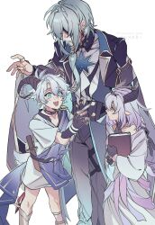 1girl 2boys absurdres aged_down anaxa_(honkai:_star_rail) ancient_greek_clothes animal_ears aqua_hair artist_name ascot bare_shoulders belt black_belt black_choker black_coat black_corset black_gloves black_jacket black_pants black_tiara black_vest blue_cape blue_eyes book cape castorice_(honkai:_star_rail) chain child choker closed_mouth coat collarbone commentary_request corset crystal_earrings dress earrings eyepatch fingerless_gloves fingernails gauntlets gloves goat_ears goat_horns goat_tail gold_chain gold_ring gradient_hair greco-roman_clothes grey_hair hair_between_eyes hair_ornament hand_up highres holding holding_book honkai:_star_rail honkai_(series) horns jacket jewelry kemonomimi_mode lapels long_sleeves looking_at_another low_ponytail multicolored_hair multiple_boys multiple_rings off-shoulder_dress off_shoulder open_clothes open_coat open_jacket open_mouth pants phainon_(honkai:_star_rail) pink_hair pointy_ears ponytail purple_hair ring rongyuan_gulu shirt short_hair short_sleeves simple_background single_earring smile sun_symbol sword tiara vest weapon white_ascot white_background white_dress white_shirt wide_sleeves wooden_sword