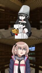 Rule 34 | absurdres, bare shoulders, black dress, black hair, black jacket, black necktie, block (minecraft), blue eyes, boots, bucket, bucket on head, catahuct, chicken (minecraft), chicken jockey (meme), crossover, dandelion (girls&#039; frontline), dress, girls&#039; frontline, hair ornament, highres, jacket, long hair, meme, minecraft, necktie, object on head, open clothes, open jacket, pink hair, ponytail, scarf, side ponytail, sitting on animal, st ar-15 (girls&#039; frontline), thick thighs, thighs, white dress, yellow eyes
