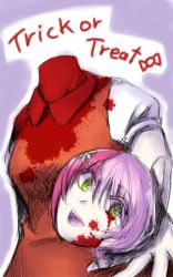 1girl alisa_boskonovich android blood breasts detachable_head female_focus green_eyes halloween highres looking_at_viewer multicolored_hair namco open_mouth outline pink_hair purple_hair severed_head simple_background small_breasts smile solo teeth tekken tongue trick_or_treat two-tone_hair white_outline