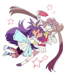 2girls bike_shorts_under_skirt blush_stickers brown_hair clothes_around_waist dark-skinned_female dark_skin iris_(academy)_(pokemon) iris_(pokemon) multiple_girls nintendo official_alternate_costume pleated_skirt pokemon pokemon_masters_ex poryphone purple_hair romance03 rosa_(academy)_(pokemon) rosa_(pokemon) selfie simple_background skirt star_(symbol) sweater sweater_around_waist white_background