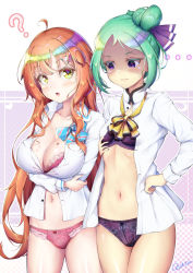 ... 2girls ? akizora_mina annoyed bikini blonde_hair blush bow breast_envy breasts flat_chest green_hair hair_bow hair_bun highres large_breasts long_hair multiple_girls natsusora_aona novady open_mouth original purple_eyes ? shaded_face shiny_skin short_hair single_hair_bun small_breasts swimsuit very_long_hair