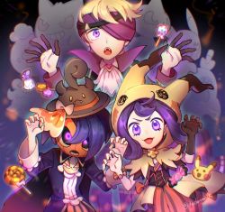 1girl 2boys :d acerola_(fall_2020)_(pokemon) acerola_(pokemon) allister_(fall_2022)_(pokemon) allister_(pokemon) bead_bracelet beads blonde_hair bracelet brown_headwear candy_wrapper claw_pose commentary_request creatures_(company) drifloon game_freak gen_1_pokemon gen_3_pokemon gen_4_pokemon gen_6_pokemon gen_7_pokemon gengar gloves hands_up hat headband hood hood_up huan_li jewelry medium_hair morty_(fall_2021)_(pokemon) morty_(pokemon) multiple_boys nintendo official_alternate_costume open_mouth orange_shorts pikachu pokemon pokemon_masters_ex pumpkaboo purple_eyes purple_hair sandygast short_hair shorts shuppet single_glove smile teeth tongue upper_teeth_only
