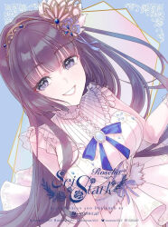 1girl bang_dream! black_hair blue_background blue_brooch blue_eyes blue_ribbon breasts commentary corset dress hairband highres large_breasts long_hair looking_at_viewer open_mouth ribbon shirokane_rinko sleeveless sleeveless_dress smile solo white_corset white_dress yue_mao_(yukinihime)