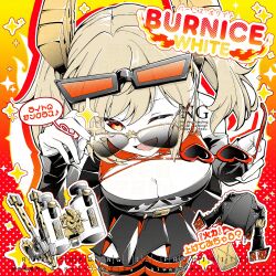 Rule 34 | 1girl, adjusting eyewear, bare shoulders, blonde hair, boots, breasts, burnice white, character name, cleavage, commentary request, crop top, detached sleeves, eyewear on head, fingerless gloves, flamethrower, gloves, heart, heart-shaped eyewear, highres, holding, holding removed eyewear, kiguchi hikaru, large breasts, looking at viewer, one eye closed, orange-tinted eyewear, pleated skirt, red eyes, skirt, solo, sunglasses, thigh boots, tinted eyewear, twintails, unworn eyewear, watermark, weapon, yellow-framed eyewear, zenless zone zero
