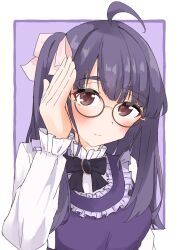 1girl ahoge bespectacled black_bow black_bowtie blunt_bangs blush border bow bowtie brown-framed_eyewear brown_eyes chofu_noriko closed_mouth commentary_request dress frilled_shirt frills glasses highres ikizulive!_love_live!_bluebird long_sleeves love_live! outside_border pinafore_dress purple_background purple_dress purple_hair shirt sidelocks simple_background sleeveless sleeveless_dress smile solo split_mouth tama_hasudan upper_body white_border white_shirt