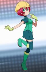 1girl aqua_choker aqua_shirt aqua_skirt aqua_thighhighs boots choker closed_mouth commentary_request eyelashes full_body georgia_(pokemon) gloves green_boots green_eyes green_gloves hat highres holding holding_poke_ball lass_(pokemon) lass_(pokemon_oras) mori_hayaki nintendo parody pink_hair poke_ball poke_ball_(basic) pokemon pokemon_(anime) pokemon_bw_(anime) pokemon_oras shirt short_hair short_sleeves skirt smile solo standing standing_on_one_leg style_parody thighhighs upper_body v-shaped_eyebrows yellow_hat